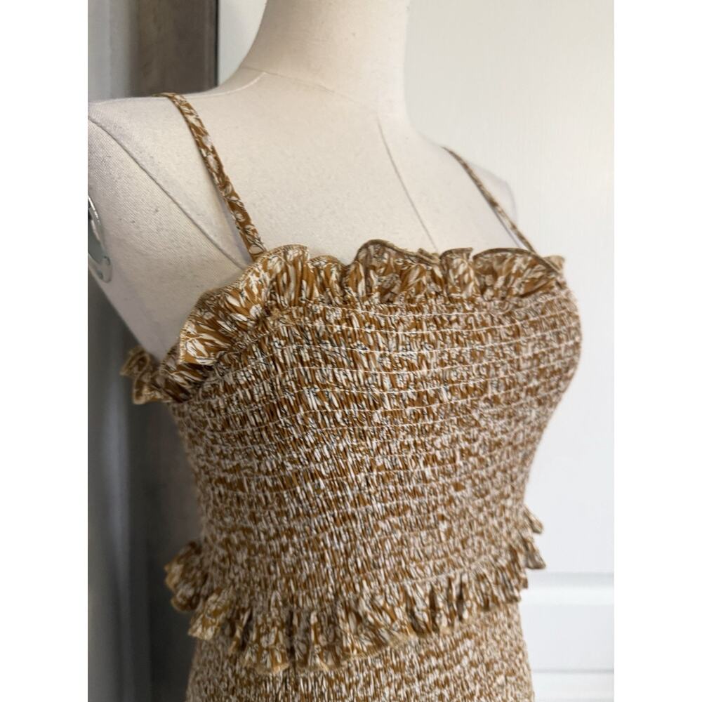 Mable Size Small Mustard Leaf Print Ruffle Tiered Smocked Fitted Midi Dress - Picture 4 of 16